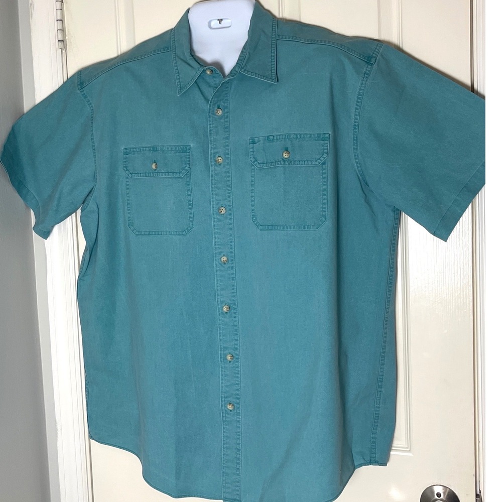 L.L. Bean Sunwashed Canvas Shirt Men's XL Tall Short Sleeve Teal Button Down
